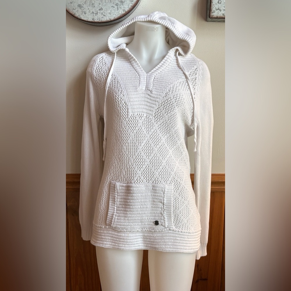 Prana white Crochet Hooded Pullover, 100% organic cotton, sz M